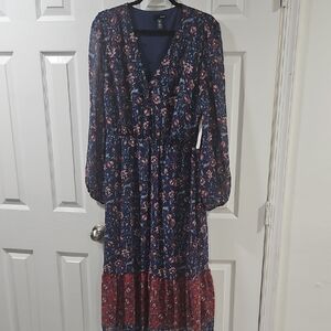 Floral Long Sleeve Dress - Blue and Red